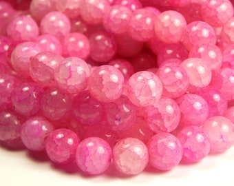 25 x 10mm Pink Marbled Painted Glass Beads For Jewellery Making