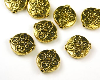 5 Pcs - 14x13x4.5mm Antique Gold Spacer Beads - Flower - Flat Round - Metal Spacer Beads - Jewelry Supplies - Craft Supplies