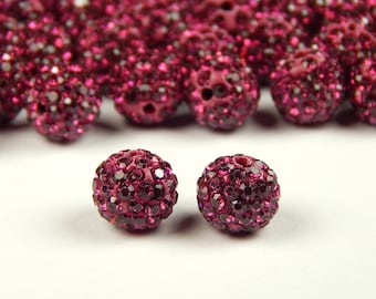 5 Pcs - 10mm Fucshia Shamballa Beads - Pave Beads - Pink Disco Ball Beads - Jewelry Supplies - Rhinestone Beads - Shamballa Beads