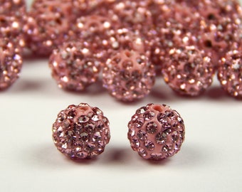 5 Pcs - 10mm Light Rose Pink Shamballa Beads - Pave Beads - Pink Disco Ball Beads - Jewelry Supplies - Rhinestone Beads - Shamballa Beads