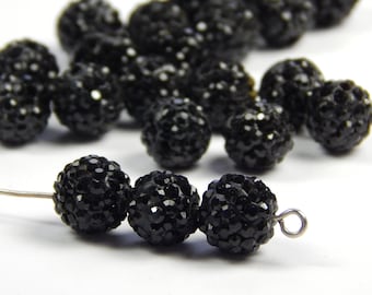 5 Pcs - 10mm Jet Black Shamballa Beads - Pave Beads - Disco Ball Beads - Jewelry Supplies - Black Rhinestone Beads - Shamballa Beads
