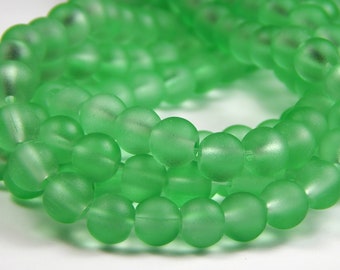 15 Inch Strand - 8mm Round Transparent Grass Green Frosted Glass Beads - Sea Glass Beads -  Green Frosted - Glass Beads - Jewelry Supplies