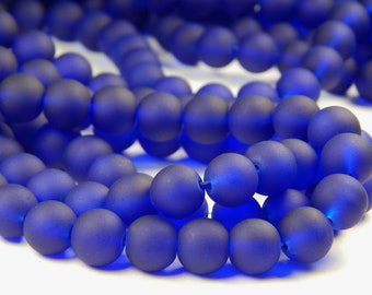 15 Inch Strand - 10mm Round Transparent Cobalt Blue Frosted Glass Beads - Sea Glass Beads - Glass Beads - Dark Blue Beads - Jewelry Supplies