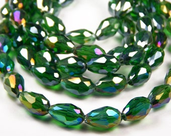 13.5 In Strand - Faceted Sea Green AB Electroplated Glass Teardrop Beads - Green AB Glass Drop Beads - 15mm x 10mm - Jewelry Supplies