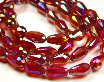 13-1/2 Inch Strand - 15mm x 10mm Faceted Red AB Electroplated Glass Drop Beads - Red Glass Beads - Red AB Beads - Jewelry Supplies