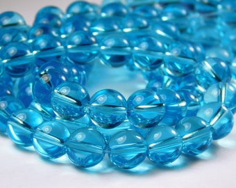 12 Inch Strand - 10mm Round Transparent Turquoise Blue Glass Beads - Blue Glass - Spacer Bead - Jewelry Supplies - Craft Supplies