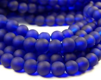 15 Inch Strand - 8mm Round Transparent Cobalt Blue Frosted Glass Beads - Sea Glass Beads - Glass Beads - Dark Blue Beads - Jewelry Supplies