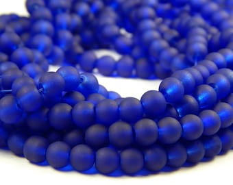 15 Inch Strand - 6mm Round Transparent Cobalt Blue Frosted Glass Beads - Sea Glass Beads - Glass Beads - Dark Blue Beads - Jewelry Supplies