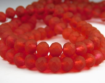 17 Inch Strand - 8x6.5mm Round Transparent Dark Red Frosted Glass Rondelle Beads - Sea Glass Beads - Glass Beads - Jewelry Supplies