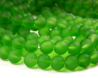 15 Inch Strand - 10mm Round Transparent Green Frosted Glass Beads - Sea Glass Beads -  Green Frosted - Glass Beads - Jewelry Supplies