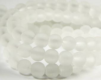 15 Inch Strand - 8mm Round Transparent White Frosted Glass Beads - Sea Glass Beads -  Frosted Beads - White Glass Beads - Jewelry Supplies