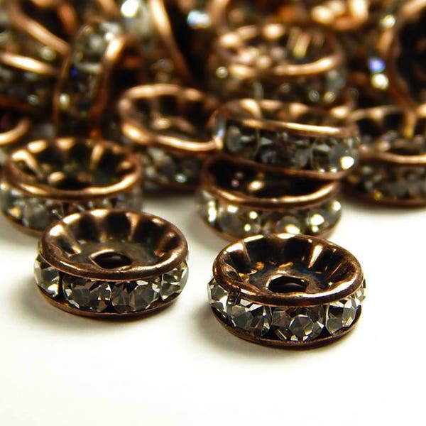 10 Pcs - 10mm Brass Rhinestone Rondelle Spacer Beads - Copper - Spacer Beads - Rhinestone Spacers - Jewelry Supplies