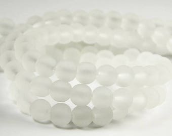 15 Inch Strand - 6mm Round Transparent White Frosted Glass Beads - Sea Glass Beads -  Frosted Beads - White Glass Beads - Jewelry Supplies