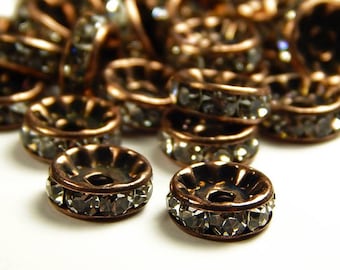 10 Pcs - 10mm Brass Rhinestone Rondelle Spacer Beads - Copper - Spacer Beads - Rhinestone Spacers - Jewelry Supplies