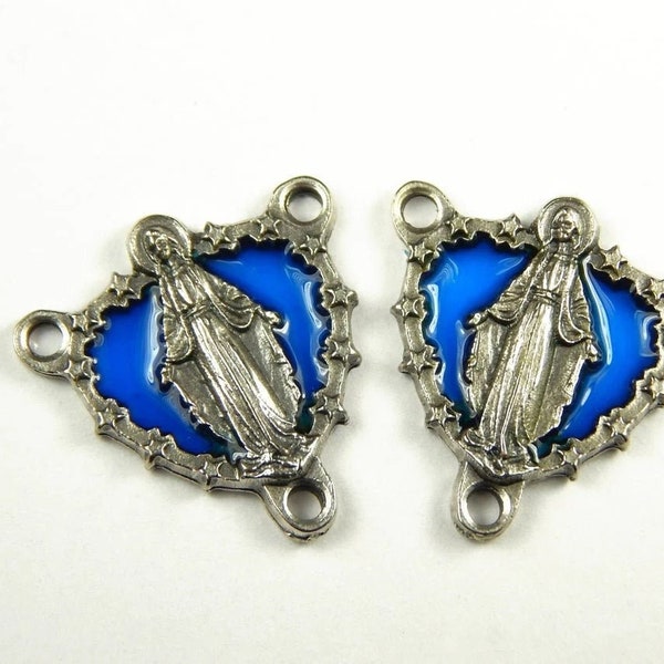 1 Piece - 24x24x2mm Tibetan Silver Chandelier Connectors - Immaculate Heart Of Mary - Rosary Part - Blue Enamel - Jewelry Supplies