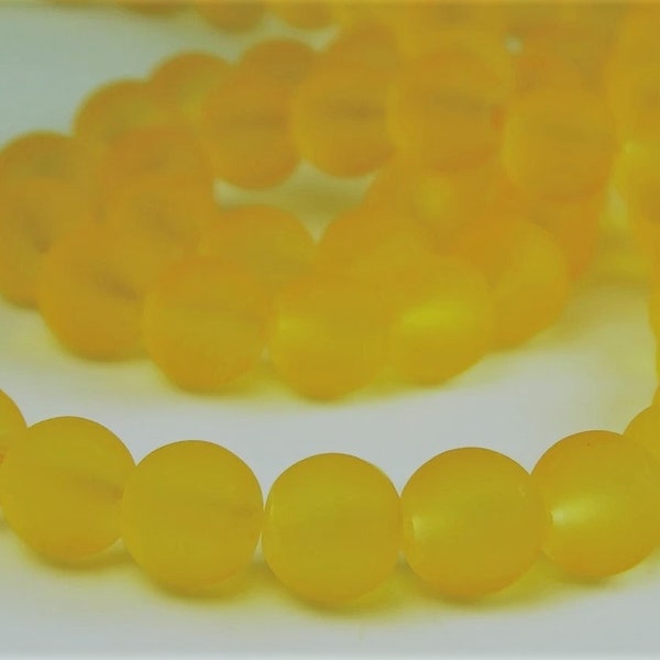 15 Inch Strand - 8mm Round Transparent Yellow Frosted Glass Beads - Goldenrod - Sea Glass Beads - Glass Beads - Jewelry Supplies