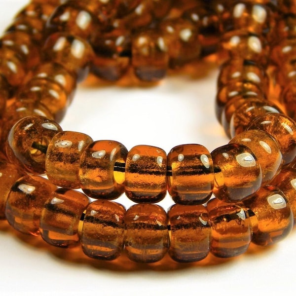 50 Pcs - 9x6mm Transparent Topaz Glass India Crow Beads - Gold - Topaz - Crow Rollers - Glass Pony Beads - Large Hole - Jewelry Supplies