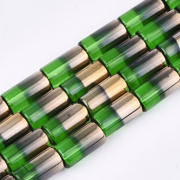 13 Inch Strand - 20x10mm Electroplated Glass Tube Beads - Green - Gold - Column - Tube - Glass Beads - Jewelry Supplies - Craft Supplies