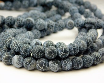 16 Inch Strand - 8mm Frosted Dragon Veins Agate Beads - Black - Matte Gemstone Beads - Jewelry Supplies - Frosted Agate
