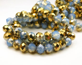 17 Inch Strand - 8x6mm Electroplated Glass Rondelle Beads - Half Gold Plated Beads - Cornflower Blue Glass Beads - Abacus - Jewelry Supplies