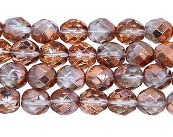 25 Pcs -8mm Round Faceted Golden Copper Czech Glass Beads - Half Coated - Jewelry Supplies
