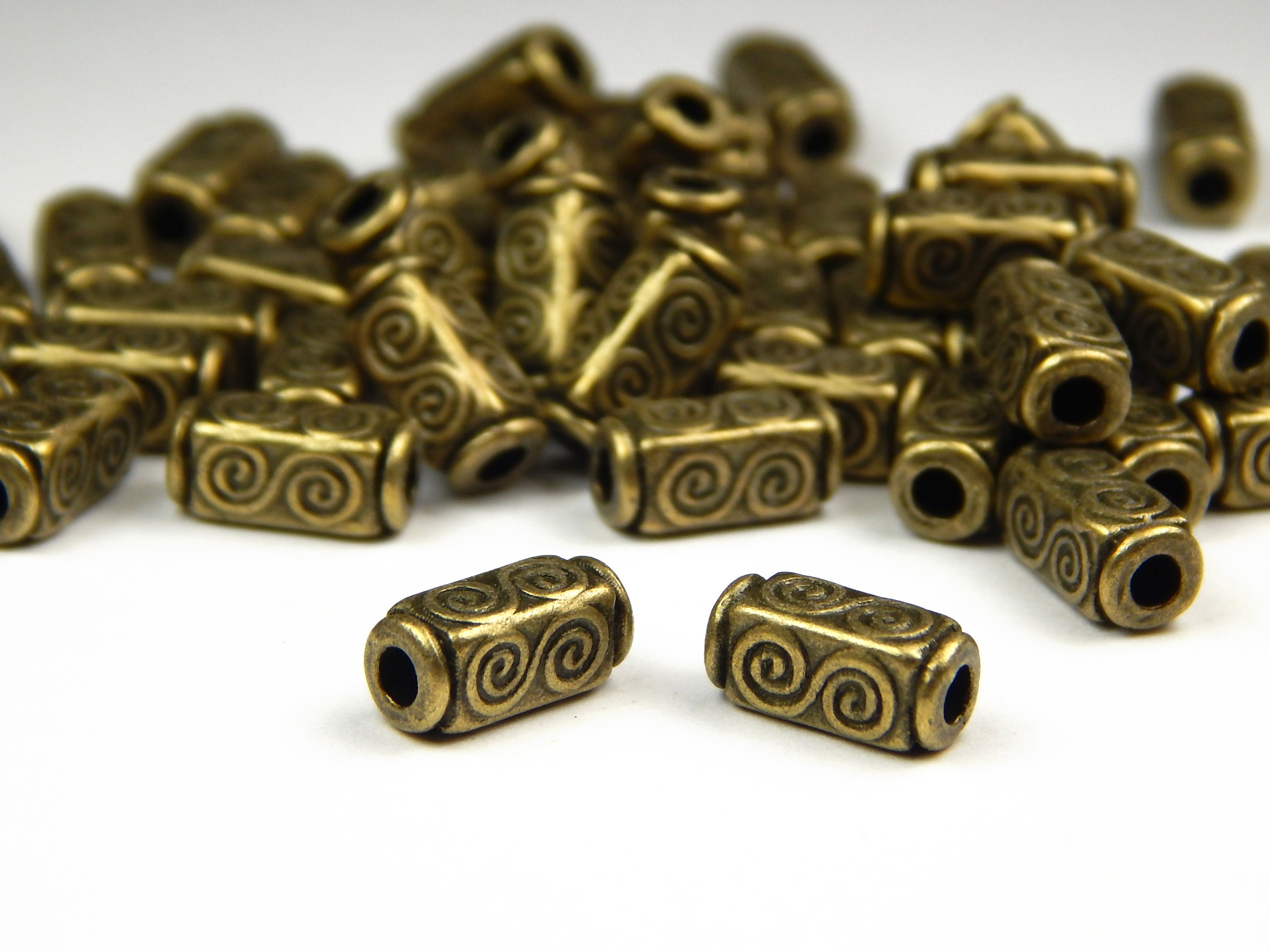 Tibetan Style Alloy Cuboid Swirl Bead Set of 10 Antique Gold 