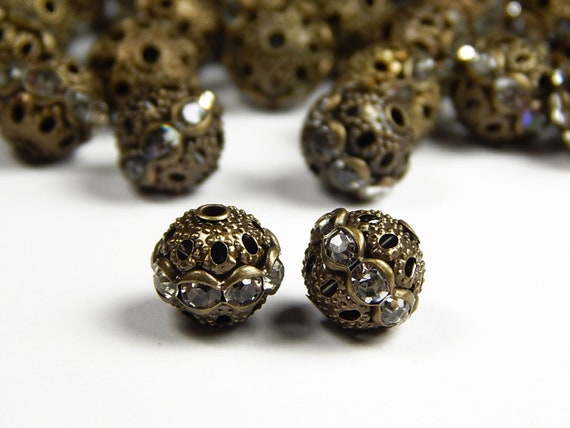 5 Pcs or 10 Pcs - 10mm Czech Crystal Rhinestone Pave Diamante Round Spacer Beads - Bronze Pave Beads - Czech Beads - Jewelry Supplies