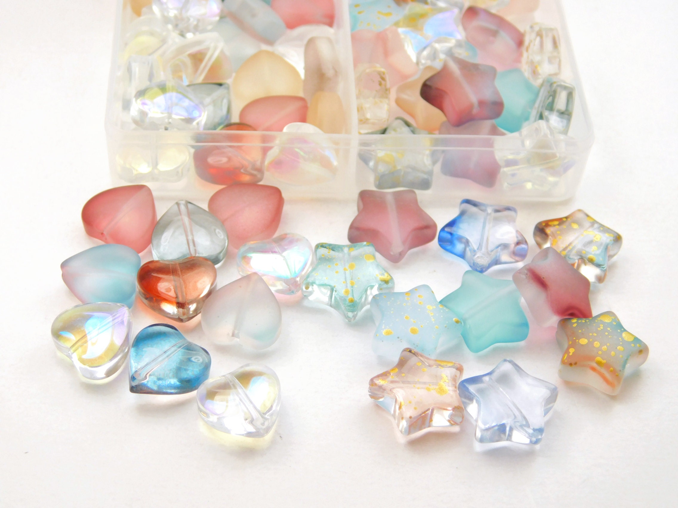 70 Pcs - Mixed Glass Star And Heart Beads - 10.5~12.5x11~13mm - AB - Frosted - Assorted Colors - Glass Beads - Jewelry Supplies - Crafts