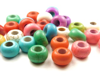 10x Large Hole Spacer Bead - Mixed Color Howlite Turquoise - No Core - 5mm Hole - Blue Howlite -  Large Hole Spacer - Leather Supplies