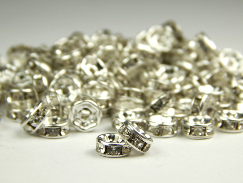 Jewelry Supplies Rhinestone Spacers 6mm Clear Crystal Rhinestone Rondelle Beads Silver Spacers Straight Edge 25 Pcs