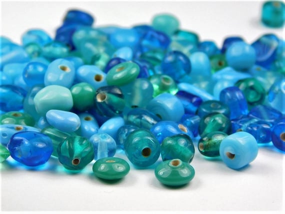 48 Grams - All Mixed Up India Small Glass Beads - Blue Green Mix - Aqua  Beads - Assorted Shapes - Sizes - Glass Beads - Jewelry Supplies