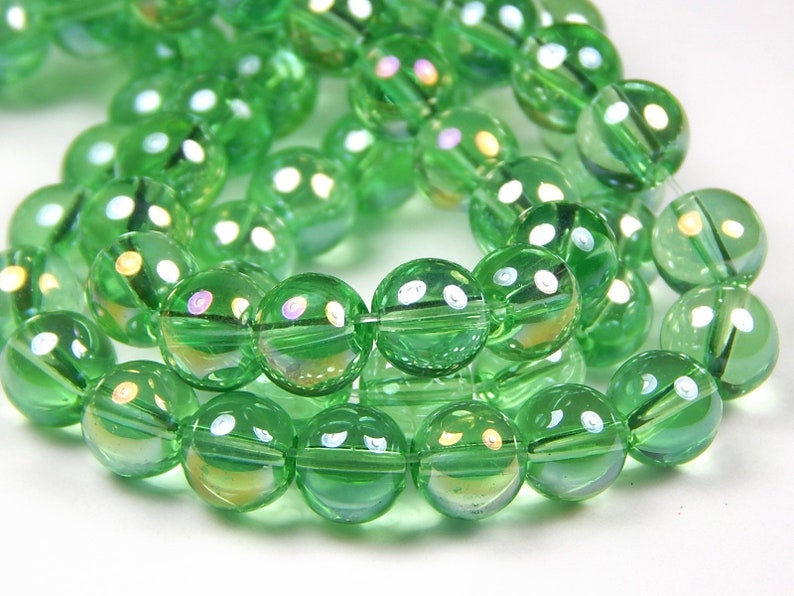 8mm Round AB Colorized Green Crystal Glass Bead Aurora Borealis Beads Jewelry Supplies Craft Supplies 13 Inch Strand Spacer Beads
