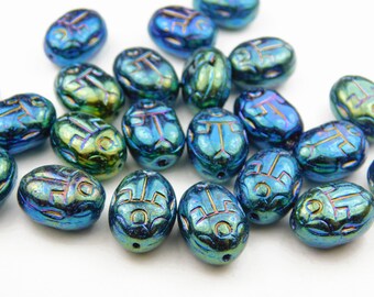 10x Czech Scarab Beads - Blue Iris Aurora Borealis Finish - 10x14mm - Czech Beads - Jewelry Supplies