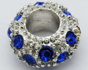 5 Pcs Silver Plated With Sapphire Blue Rhinestone Large Hole Beads - Charm Bracelet - Fits European Bracelets and Necklaces