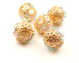 1 Pc Handmade Kashmiri Beads - 20x19mm Round Beads - Indonesia Beads - Focal Bead - Pink - Gold - Spacer Beads - Jewelry Supply