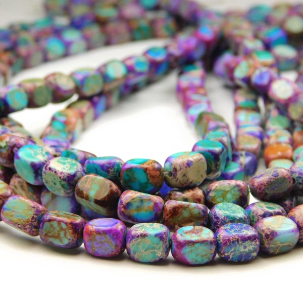15.5 Inch Strand - 7x6mm Imperial Jasper Rectangle Tube Beads - Aqua - Green - Purple - Gemstone Beads - Jewelry Supplies