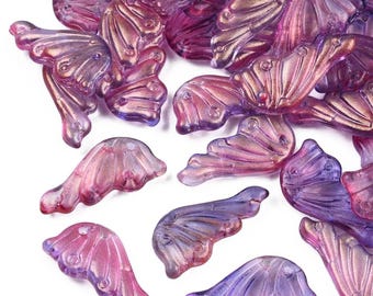 10 Pcs 24x12.5x4mm Purple With Gold Powder Glass Fairy Wing Pendants - Butterfly Wings - Jewelry Making Supply - Crafts