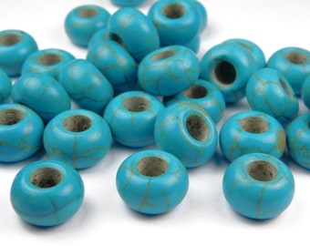 10x Large Hole Spacer Bead - Howlite Turquoise - No Core - 5mm Hole - Blue Howlite -  Large Hole Spacer - Leather Supplies