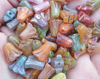 25 Pcs - 11x10x6mm Baking Painted Picasso Glass Tulip Beads - Gold Metal Enlaced - Mixed Colors - Jewelry Making Supply