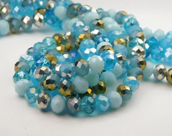 16 Inch Strand - 8x6mm Electroplated Faceted Glass Rondelle Beads - Turquoise Mix - Glass Rondelle Beads - Jewelry Supplies