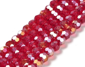 18 Inch Strand - 8mm Transparent Cerise AB Plated Round Glass Beads - Pink - Red - Faceted  - Jewelry Making Supply