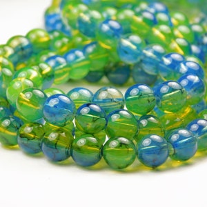 15.5 In Strand - 8mm Transparent Imitation Opalite Yellow Green and Blue Marble Round Glass Beads - Glass Beads - Jewelry Supplies - Crafts