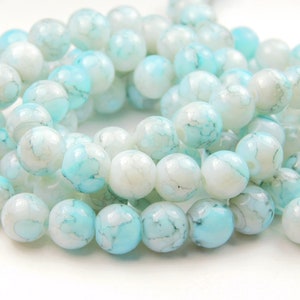 15 Inch Strand - 8mm Pale Blue Marble Round Glass Beads - Glass Beads - Jewelry Supplies - Craft Supplies