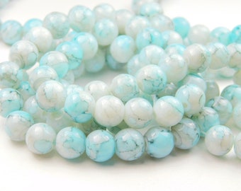 15 Inch Strand - 8mm Pale Blue Marble Round Glass Beads - Glass Beads - Jewelry Supplies - Craft Supplies