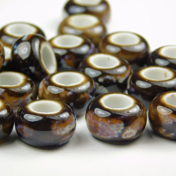 10x Large Hole Spacer Beads - Antique Glazed Saddle Brown Handmade Porcelain - Leather Supplies - Charm Bracelet - Rondelle - Jewelry Making