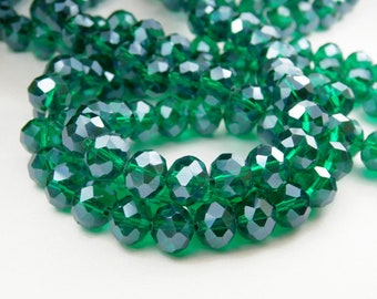 22 Inch Strand - 10x8mm Pearl Luster Plated Glass Rondelle Beads - Green Cyan - Faceted Glass Beads - Dark Green - Jewelry Supplies