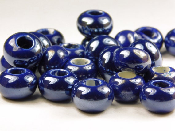 10x Large Hole Spacer Beads - Prussian Blue Porcelain - Glazed Marble  Porcelain - Leather Supplies - Porcelain - Rondelle - Jewelry Making