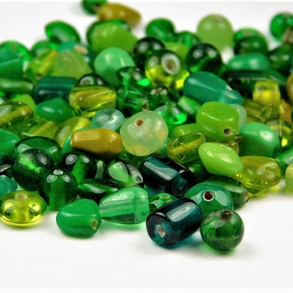 48 Grams - All Mixed Up India Small Glass Beads - Green Mix - Assorted Shapes - Sizes - Sea Green - Emerald Mix Beads - Jewelry Supplies