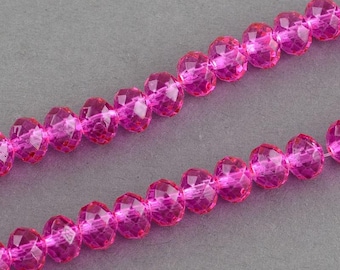 15.5 Inch Strand - 8mm x 6mm Baking Painted Faceted Hot Pink Glass Rondelle Beads - Jewelry Supplies - Craft Supplies