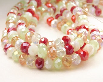 16 Inch Strand - 8x6mm Electroplated Faceted Glass Rondelle Beads - Red - Green - Multi-Color Mix - Rondelle Glass Beads - Jewelry Supplies